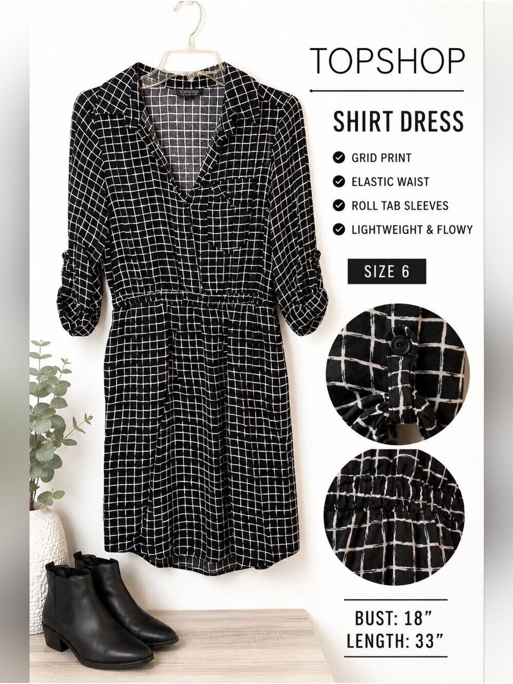 Topshop Black White Grid Print Shirt Dress Elastic Waist Roll Tab Sleeves Size 6
